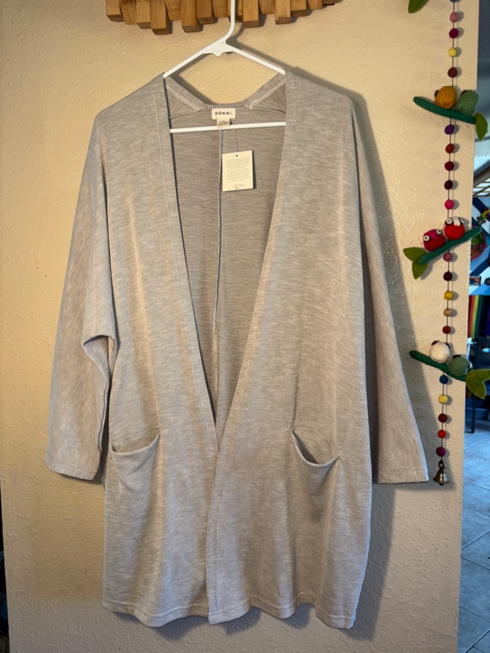 DONNI. Light Gray Open-Front Oversized Knit Cardigan OS